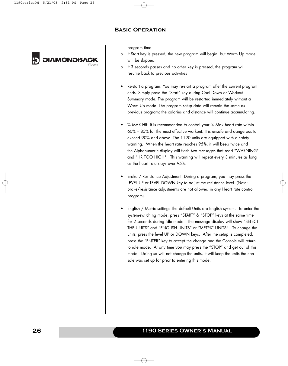 1190 series owner’s manual basic operation | Diamondback 1190 Er User Manual | Page 25 / 50
