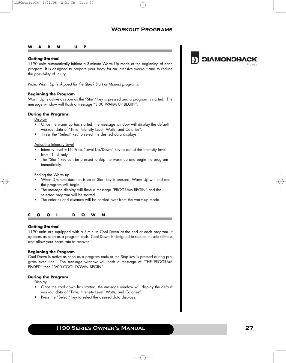 1190 series owner’s manual, Workout programs | Diamondback 1190 Er User Manual | Page 26 / 50