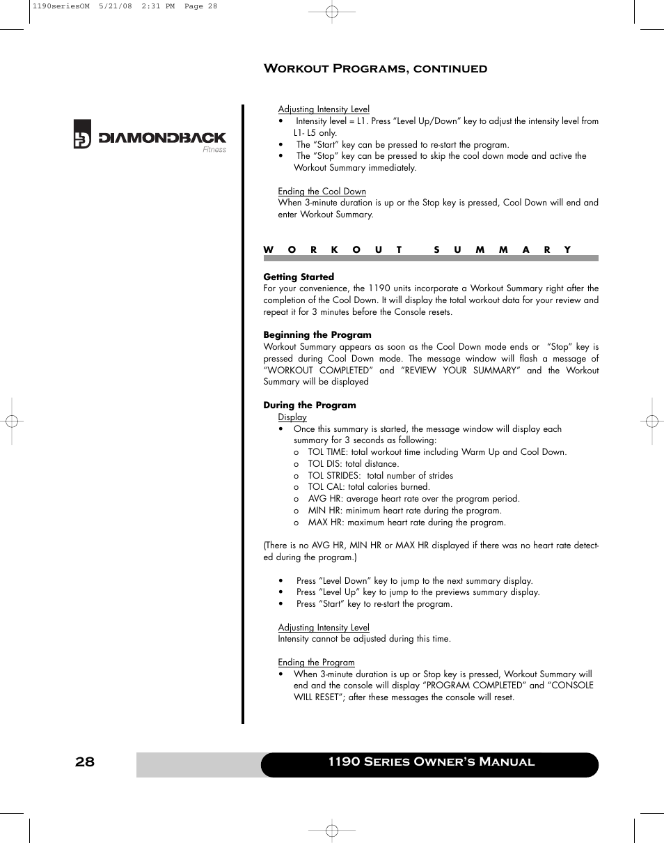 Diamondback 1190 Er User Manual | Page 27 / 50