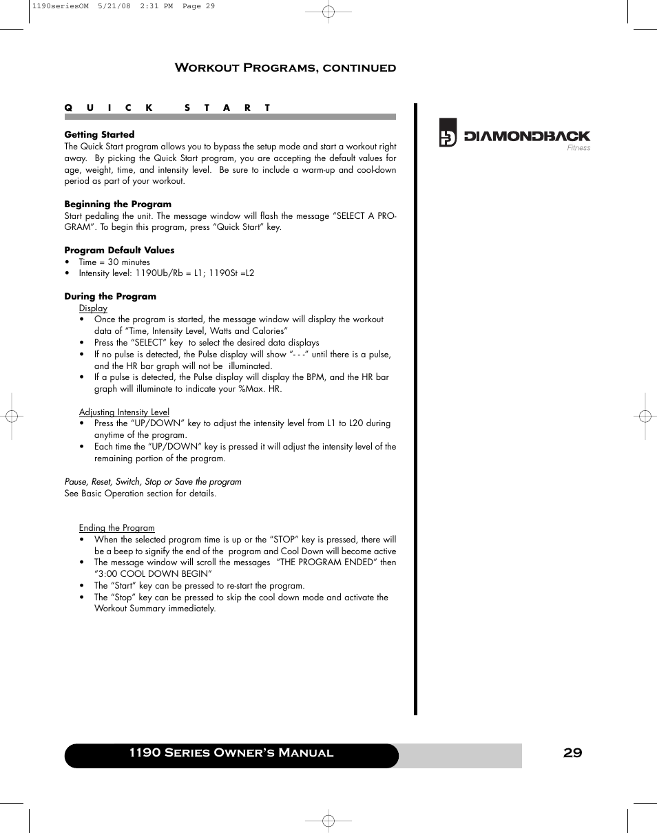 1190 series owner’s manual, Workout programs, continued | Diamondback 1190 Er User Manual | Page 28 / 50