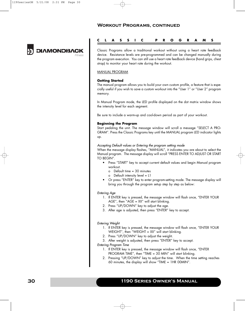 Diamondback 1190 Er User Manual | Page 29 / 50
