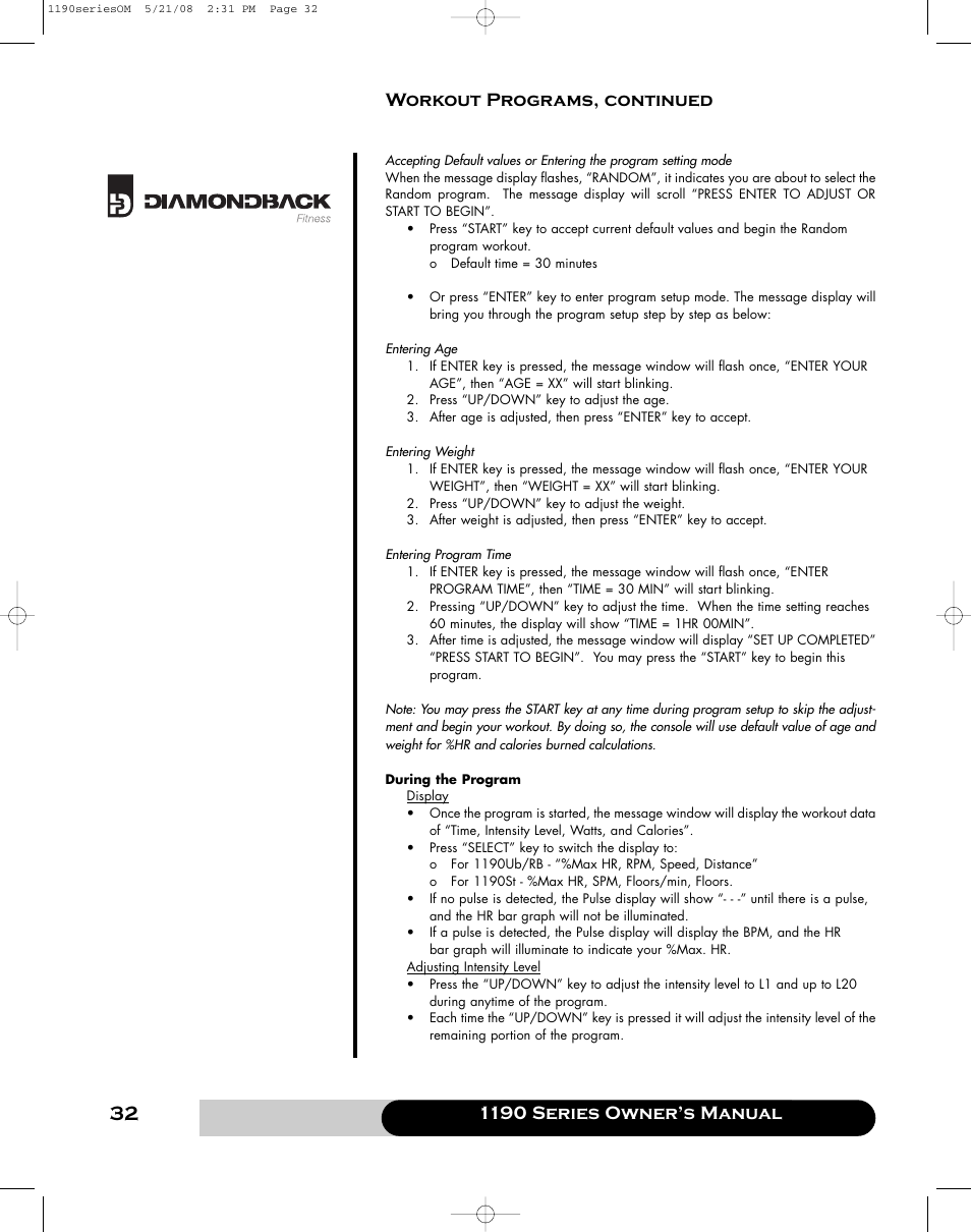 Diamondback 1190 Er User Manual | Page 31 / 50