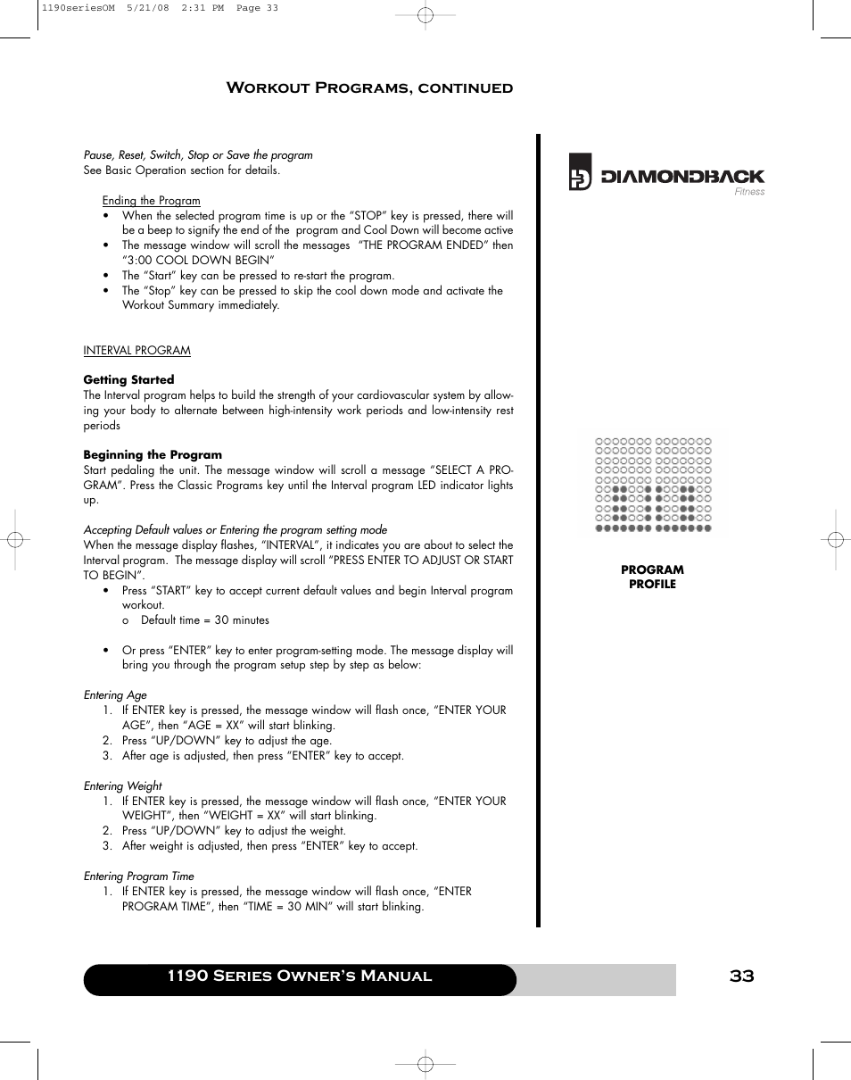 1190 series owner’s manual, Workout programs, continued | Diamondback 1190 Er User Manual | Page 32 / 50