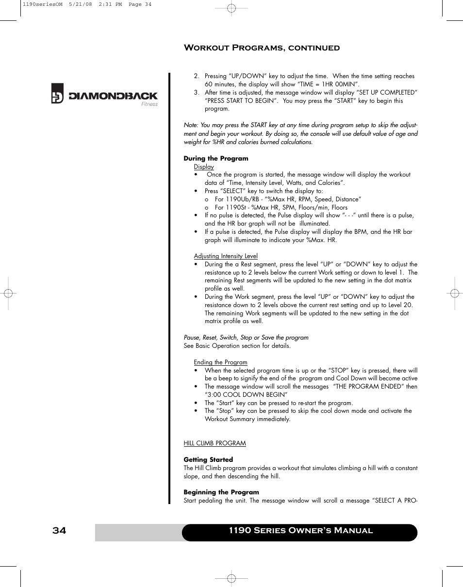 Diamondback 1190 Er User Manual | Page 33 / 50