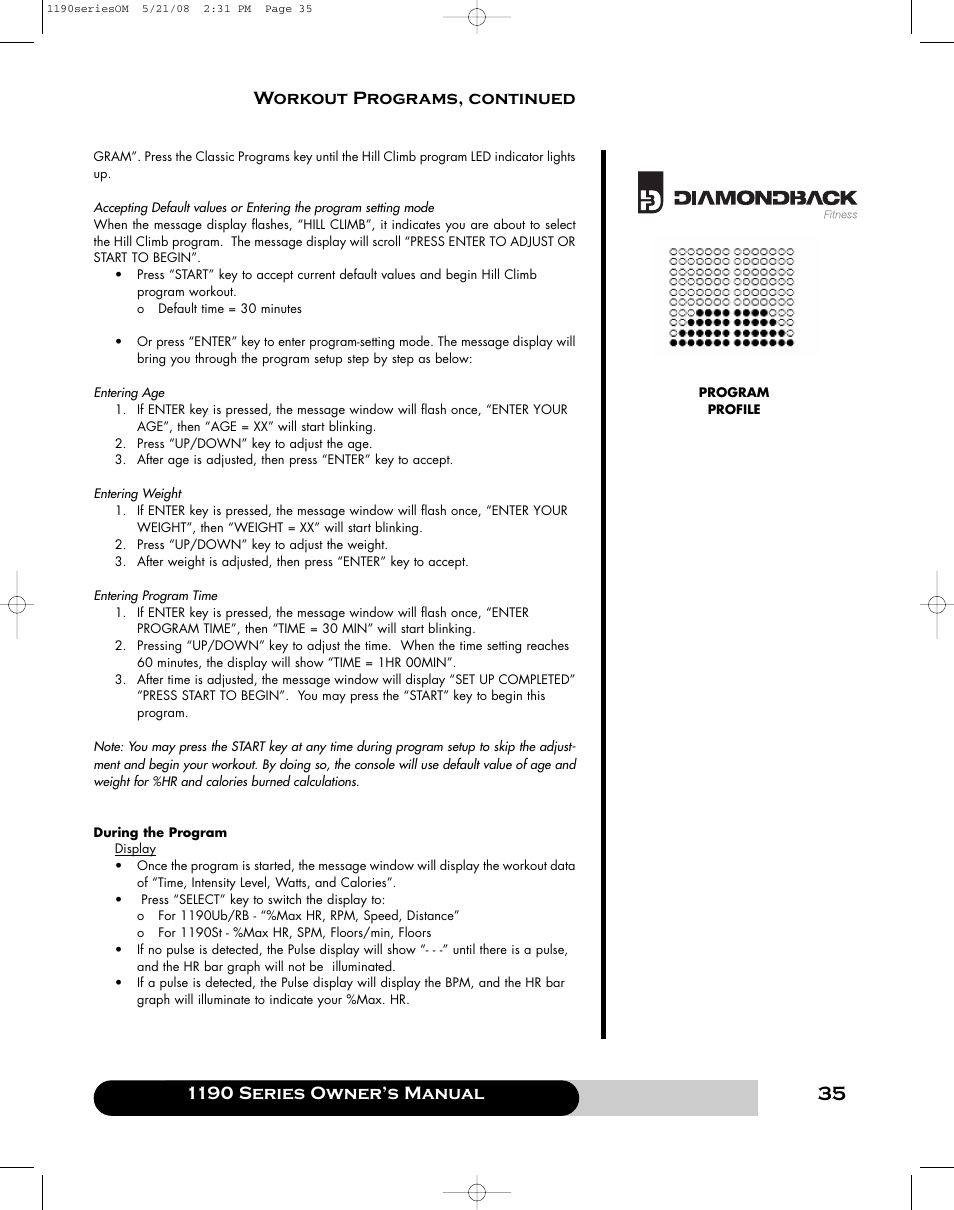 1190 series owner’s manual, Workout programs, continued | Diamondback 1190 Er User Manual | Page 34 / 50