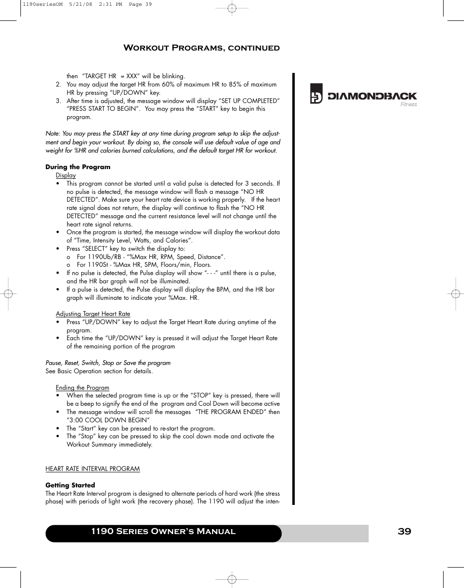 1190 series owner’s manual, Workout programs, continued | Diamondback 1190 Er User Manual | Page 38 / 50