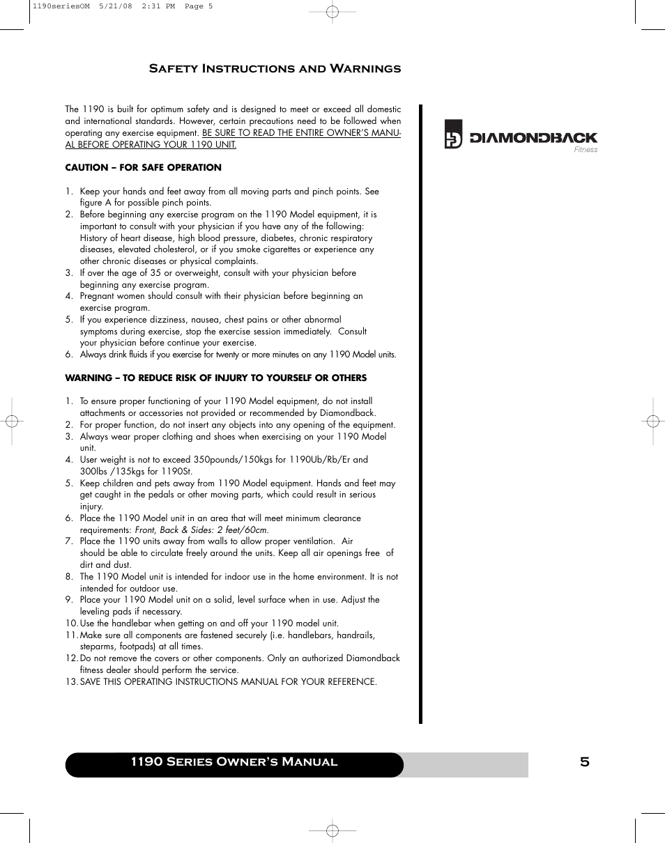 1190 series owner’s manual, Safety instructions and warnings | Diamondback 1190 Er User Manual | Page 4 / 50