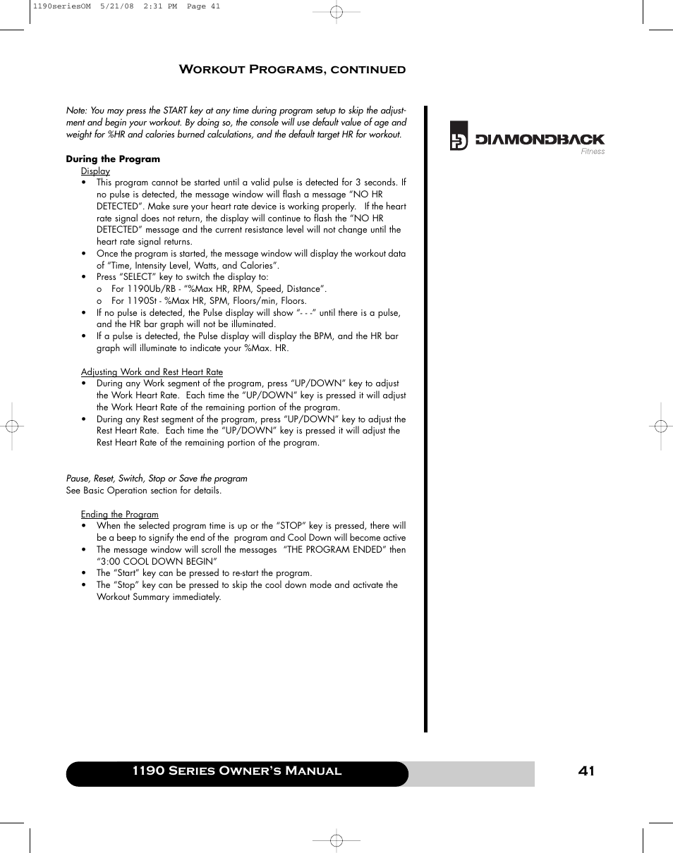 1190 series owner’s manual, Workout programs, continued | Diamondback 1190 Er User Manual | Page 40 / 50
