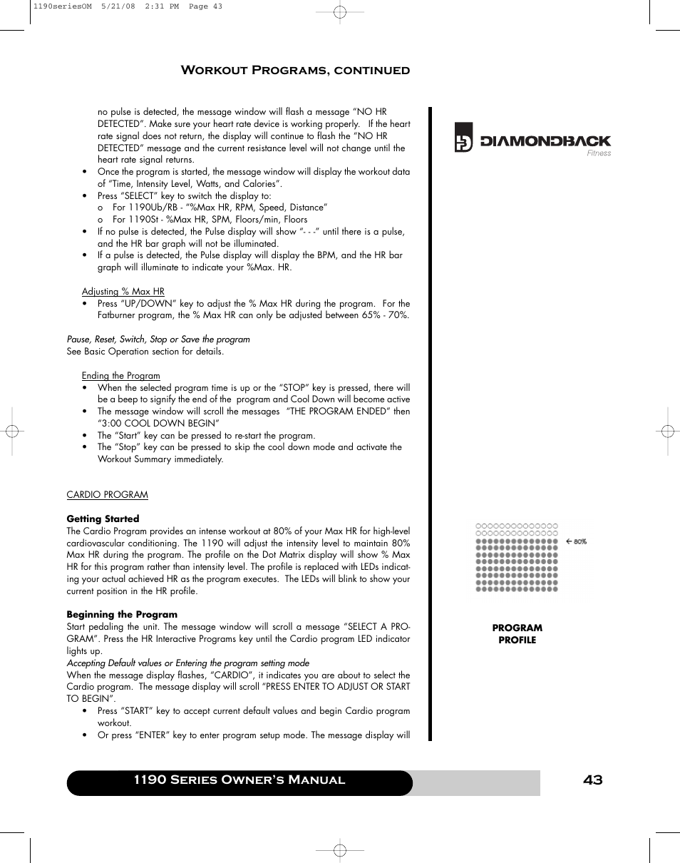 1190 series owner’s manual, Workout programs, continued | Diamondback 1190 Er User Manual | Page 42 / 50