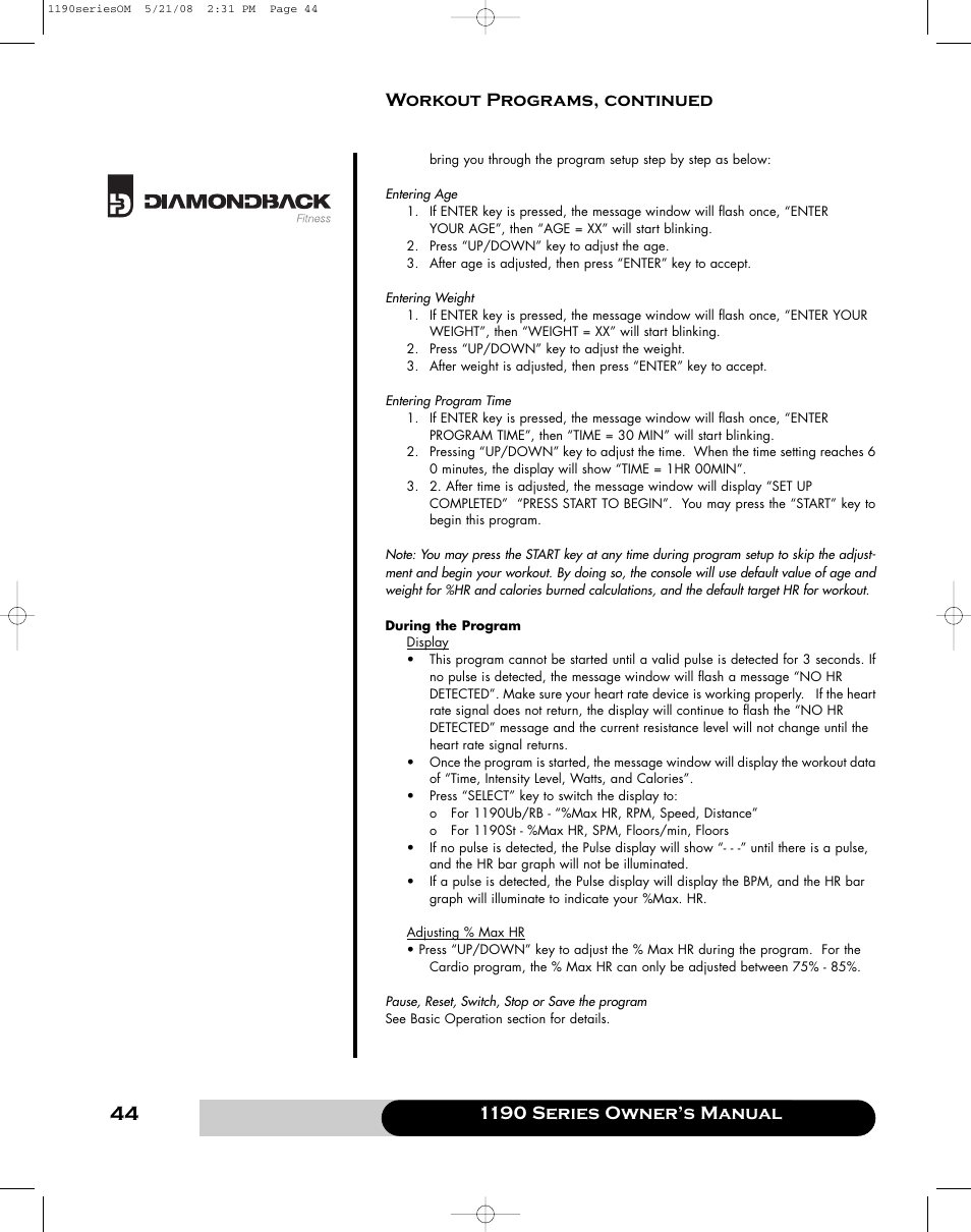 Diamondback 1190 Er User Manual | Page 43 / 50