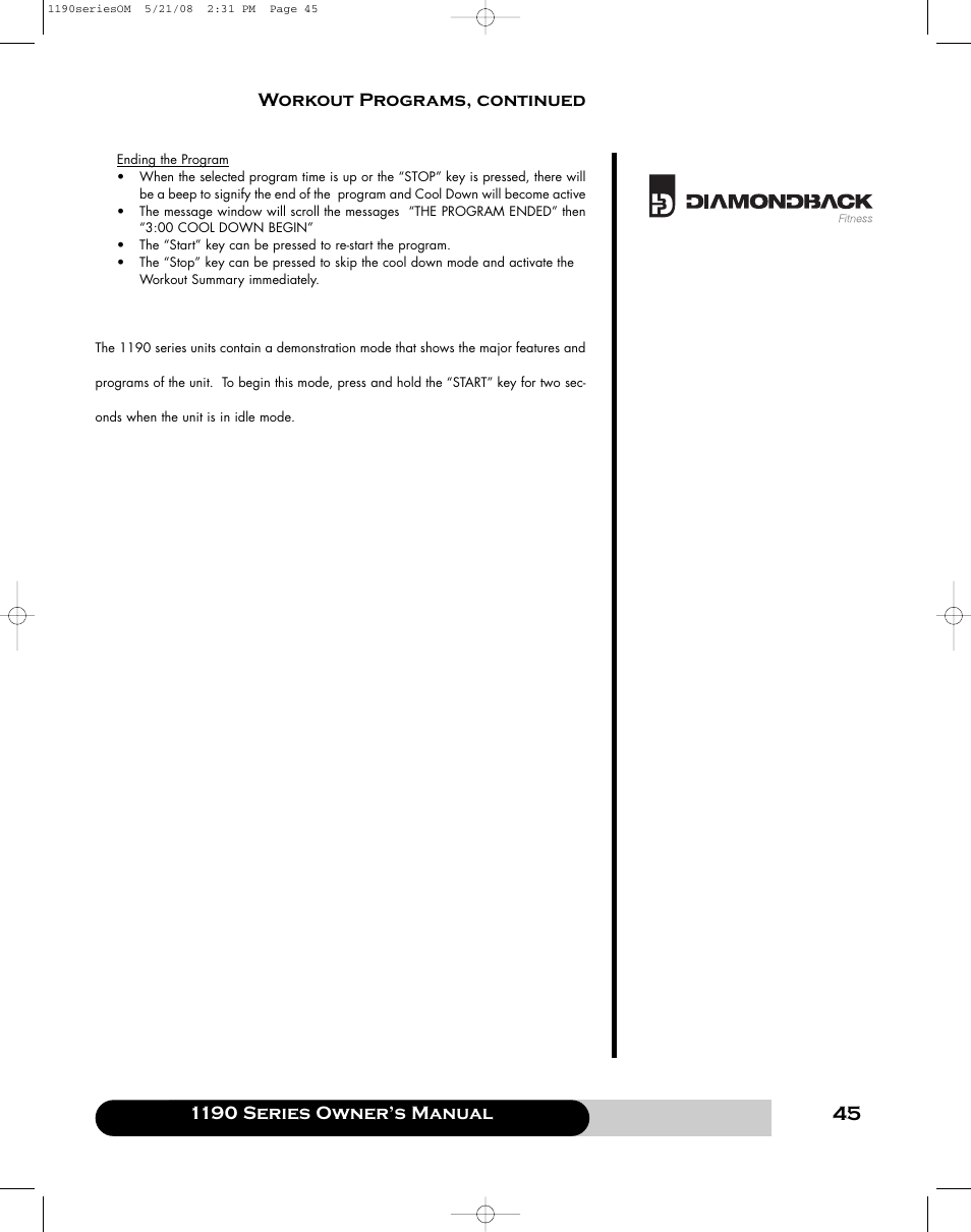 1190 series owner’s manual, Workout programs, continued | Diamondback 1190 Er User Manual | Page 44 / 50