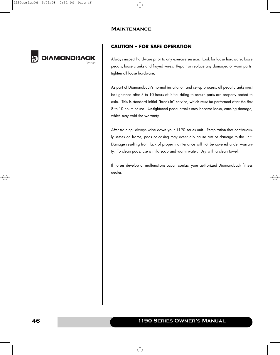 1190 series owner’s manual maintenance | Diamondback 1190 Er User Manual | Page 45 / 50