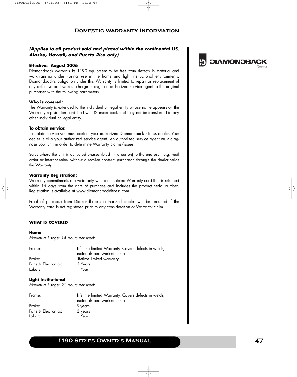 1190 series owner’s manual, Domestic warranty information | Diamondback 1190 Er User Manual | Page 46 / 50