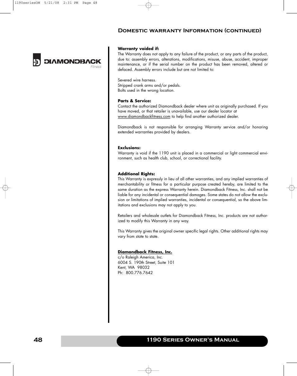 Diamondback 1190 Er User Manual | Page 47 / 50