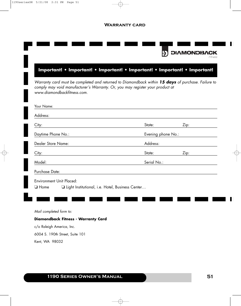 Diamondback 1190 Er User Manual | Page 50 / 50