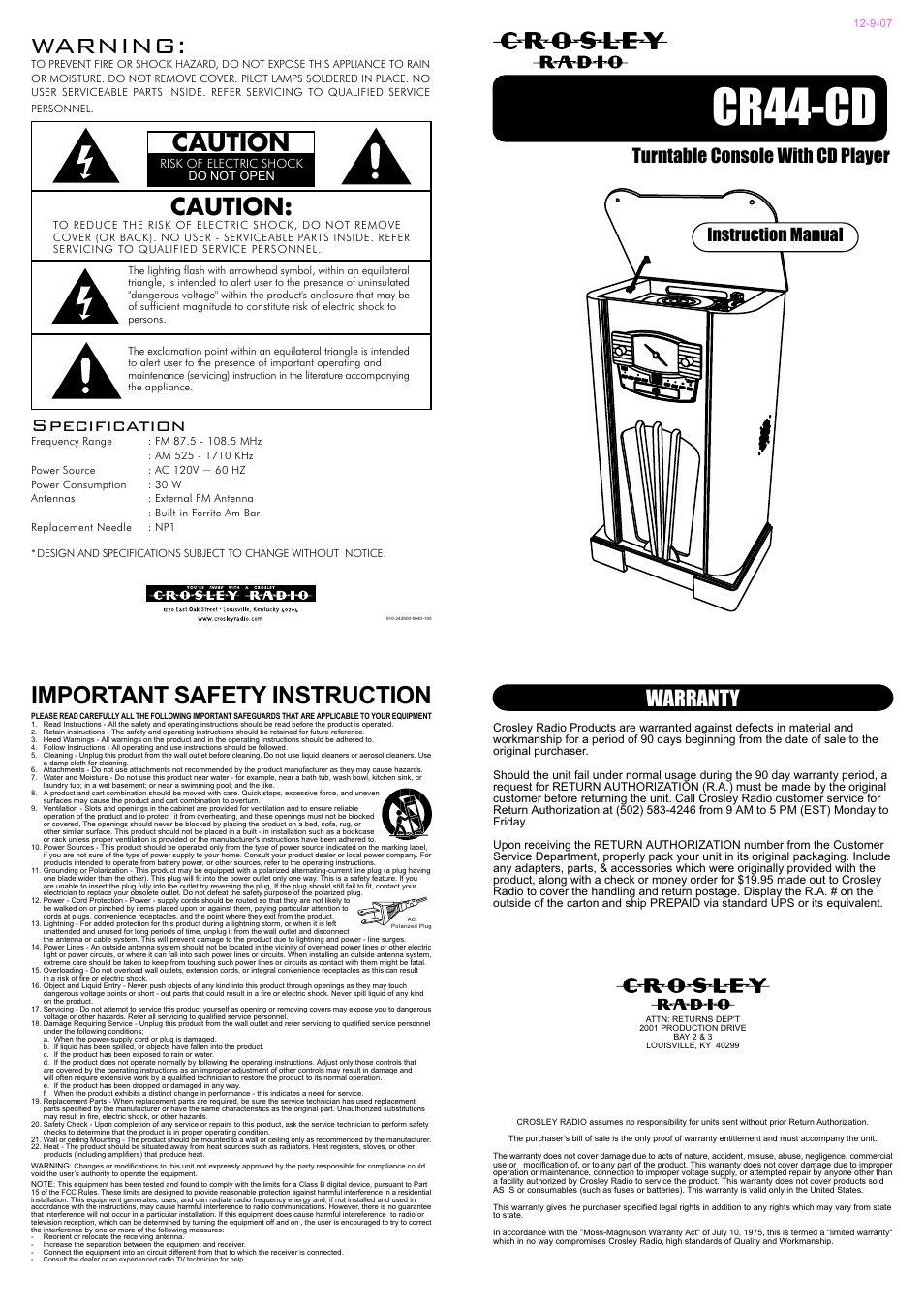 Crosley Radio Crosley CD Console CR44CD User Manual | 2 pages