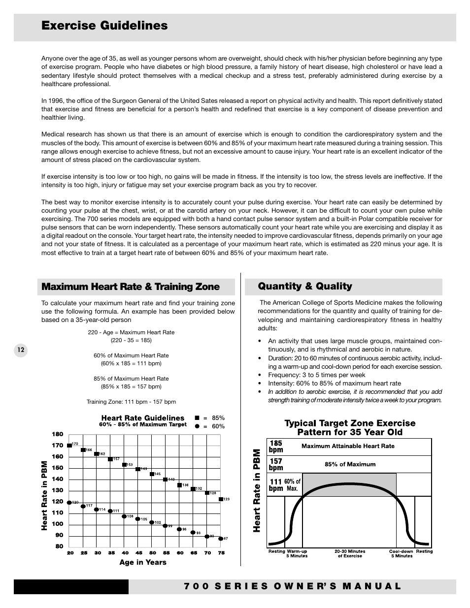 Exercise guidelines, Maximum heart rate & training zone, Quantity & quality | Diamondback Fitness 700U User Manual | Page 16 / 22