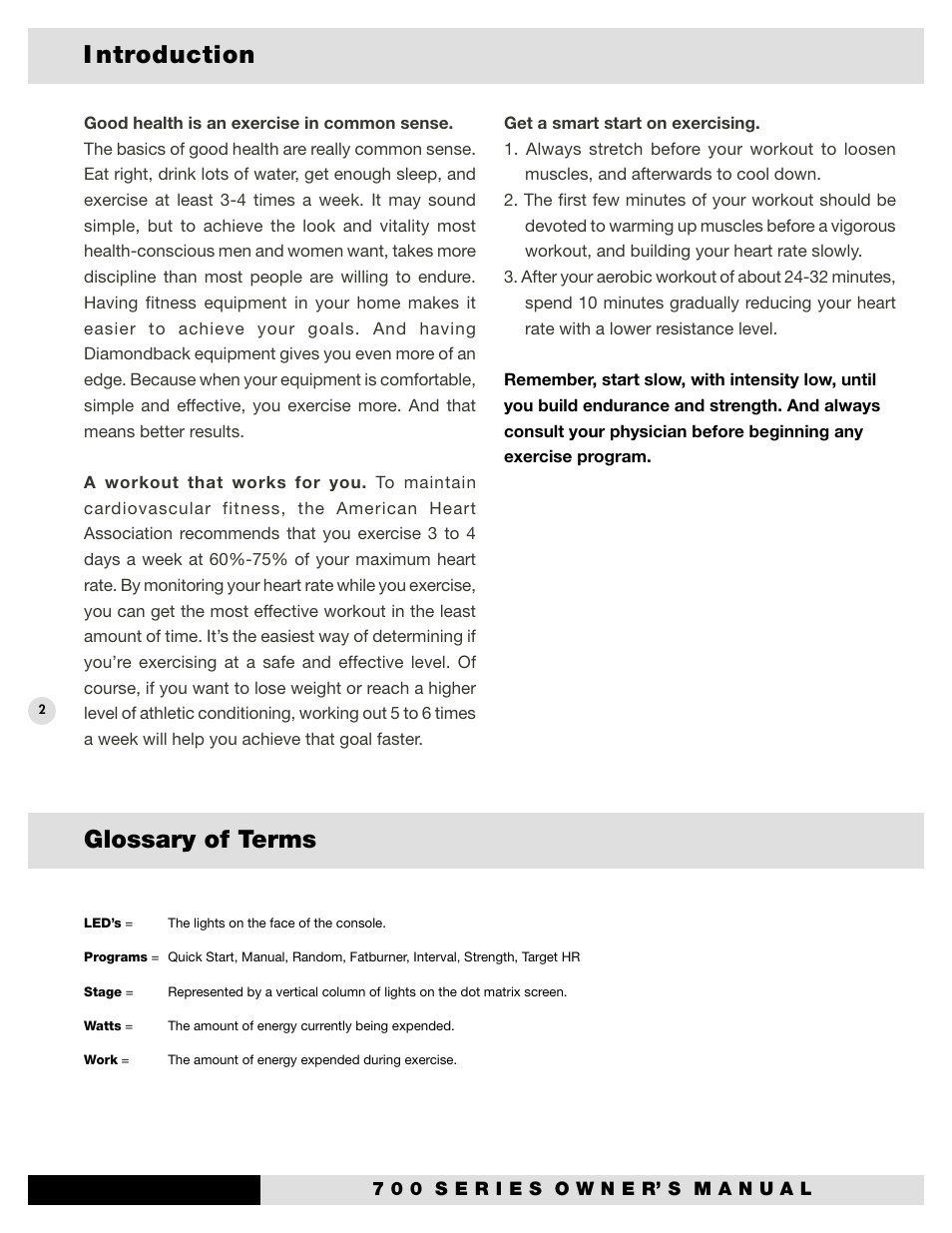 I ntroduction, Glossary of terms | Diamondback Fitness 700U User Manual | Page 6 / 22
