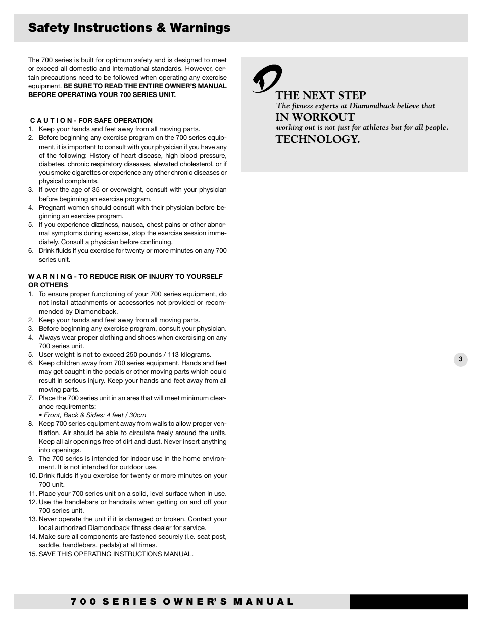 Safety instructions & warnings, The next step in workout technology | Diamondback Fitness 700U User Manual | Page 7 / 22