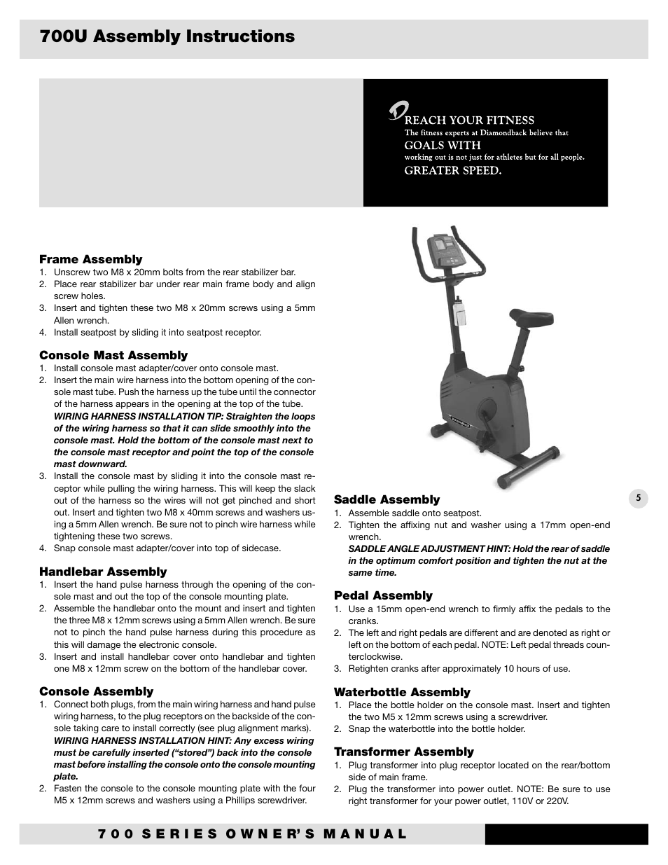 700u assembly instructions | Diamondback Fitness 700U User Manual | Page 9 / 22
