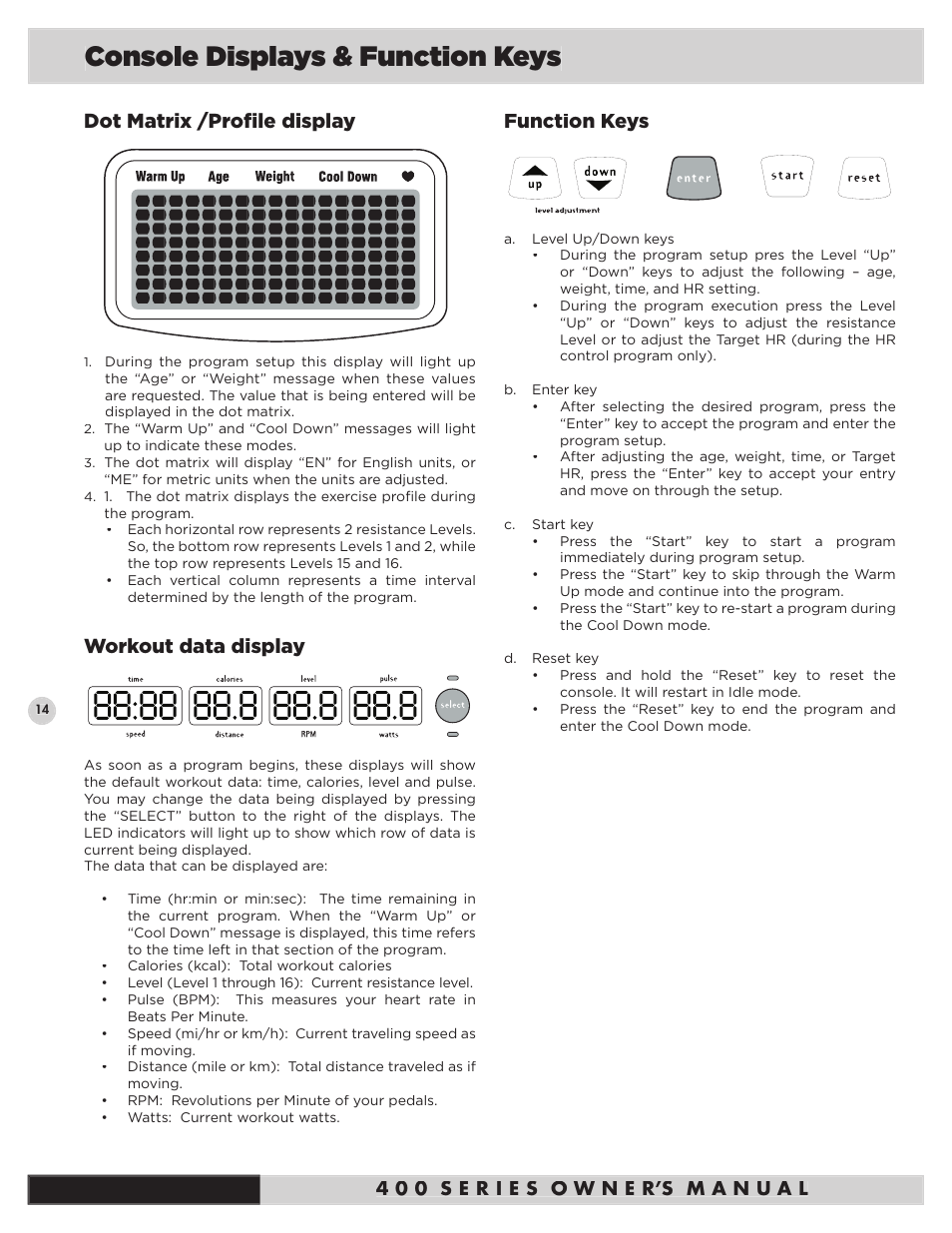 Console displays & function keys, Dot matrix /profi le display, Workout data display | Function keys | Diamondback Fitness 400Ub User Manual | Page 16 / 24