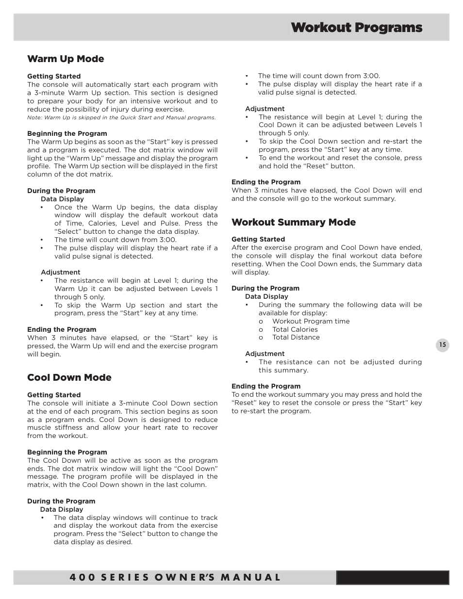 Workout programs, Warm up mode, Cool down mode | Workout summary mode | Diamondback Fitness 400Ub User Manual | Page 17 / 24