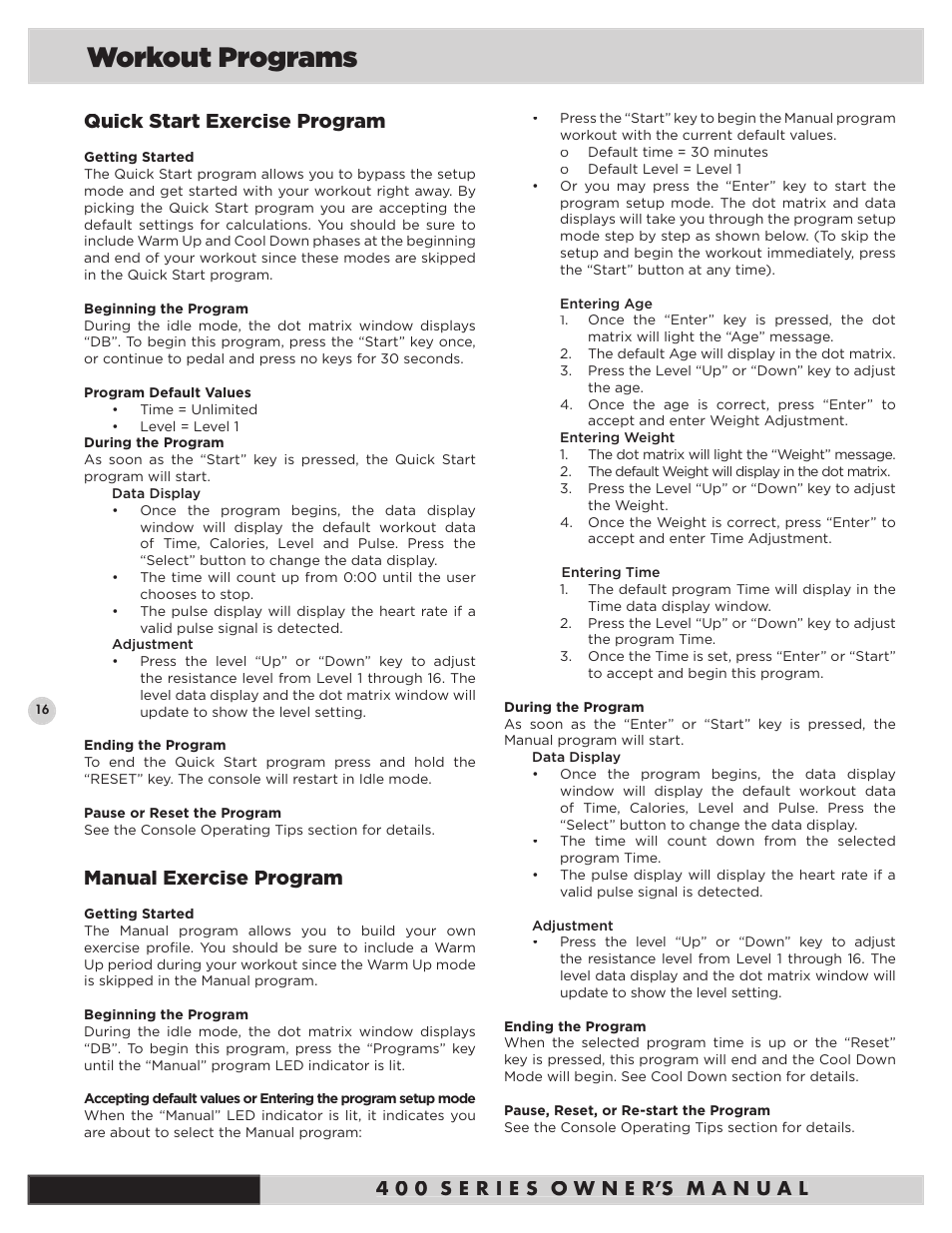 Workout programs, Quick start exercise program, Manual exercise program | Diamondback Fitness 400Ub User Manual | Page 18 / 24