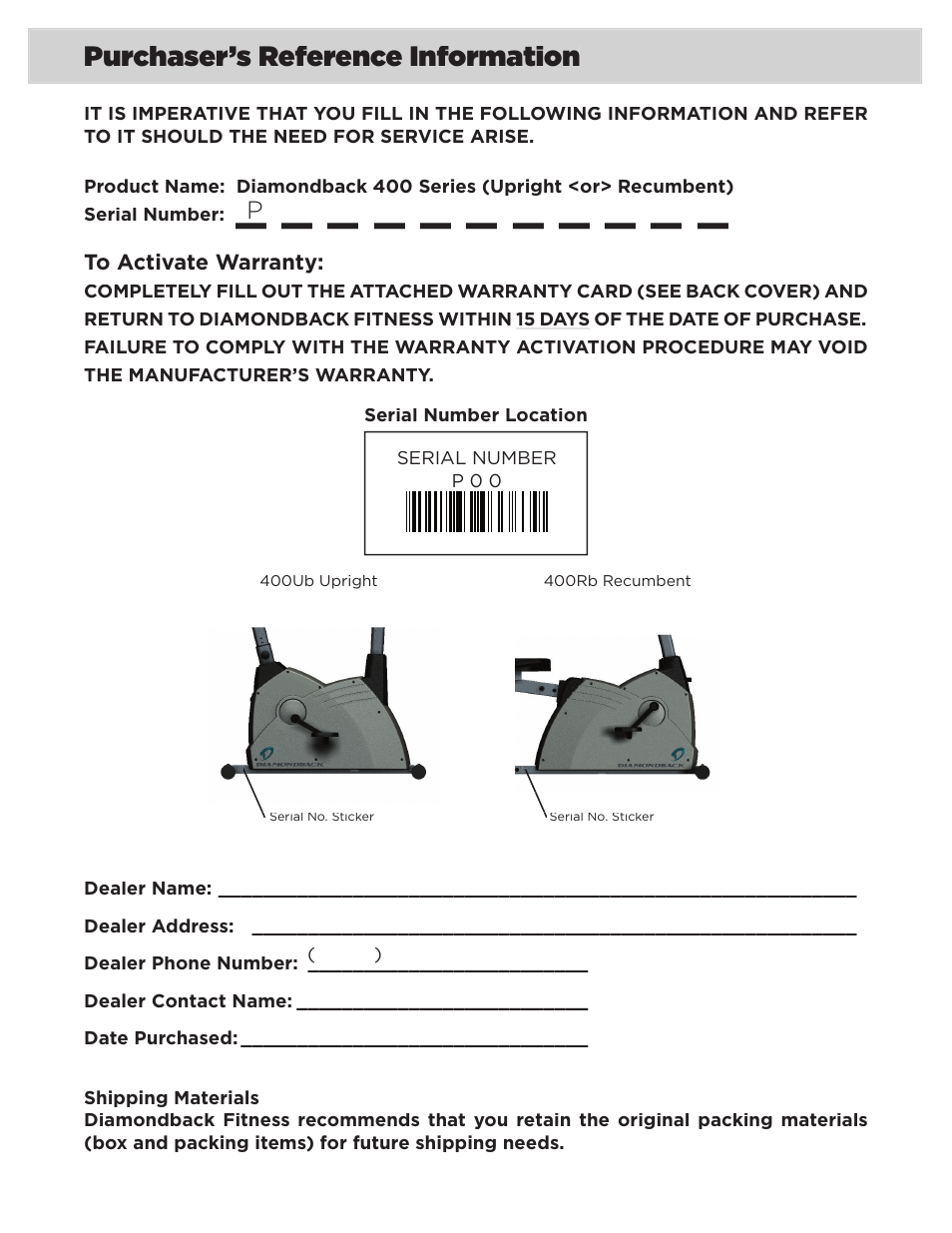 Purchaser’s reference information | Diamondback Fitness 400Ub User Manual | Page 2 / 24