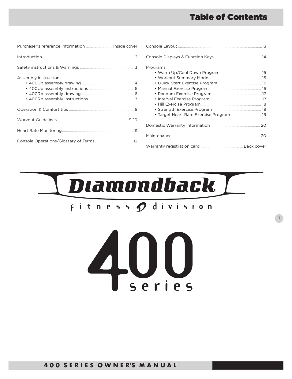 Diamondback Fitness 400Ub User Manual | Page 3 / 24