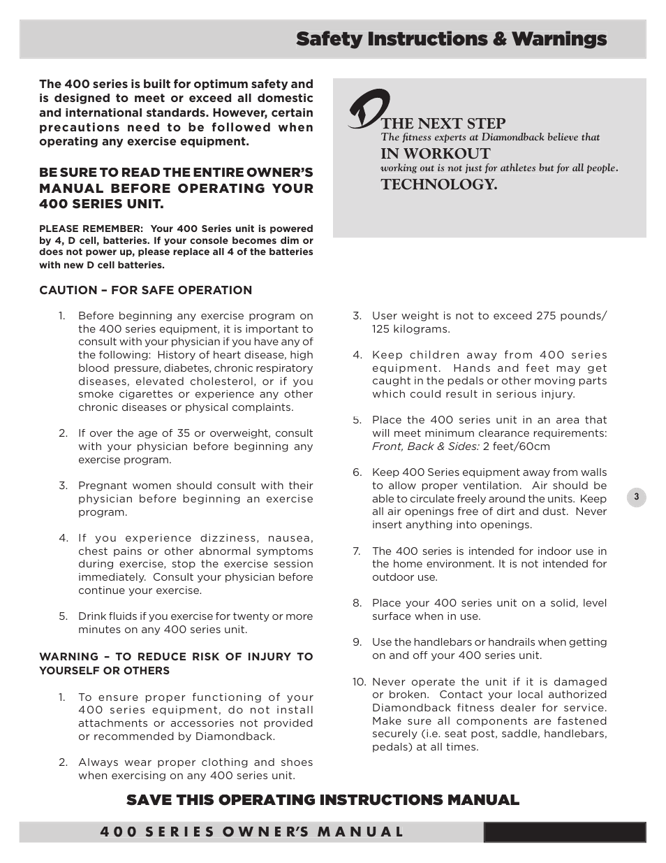 Safety instructions & warnings, The next step in workout technology, Save this operating instructions manual | Diamondback Fitness 400Ub User Manual | Page 5 / 24