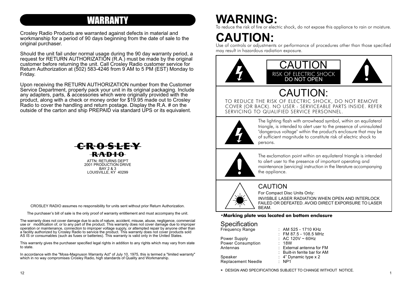 Warning, Caution, Warranty | Specification | Crosley Radio Lancaster CR42 User Manual | Page 2 / 7