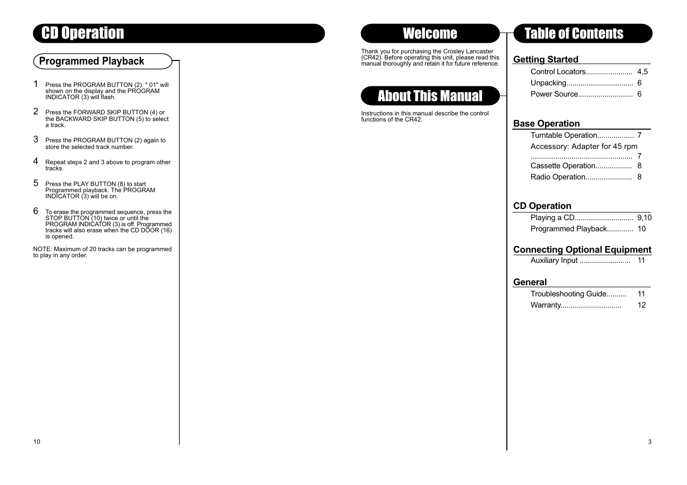 Cd operation, About this manual, Welcome table of contents | Programmed playback | Crosley Radio Lancaster CR42 User Manual | Page 3 / 7