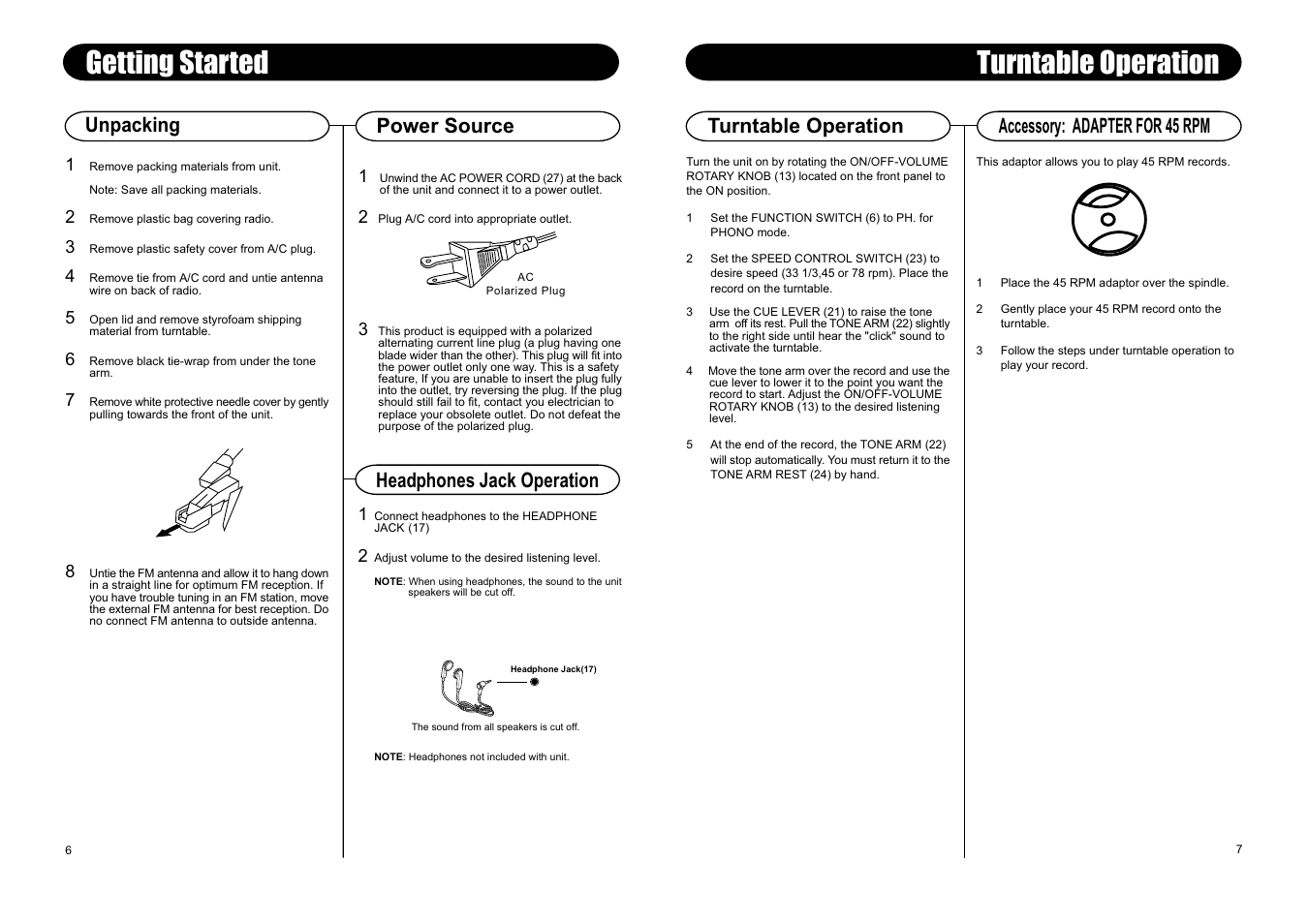 Turntable operation, Getting started, Unpacking | Power source accessory: adapter for 45 rpm, Headphones jack operation | Crosley Radio Lancaster CR42 User Manual | Page 7 / 7