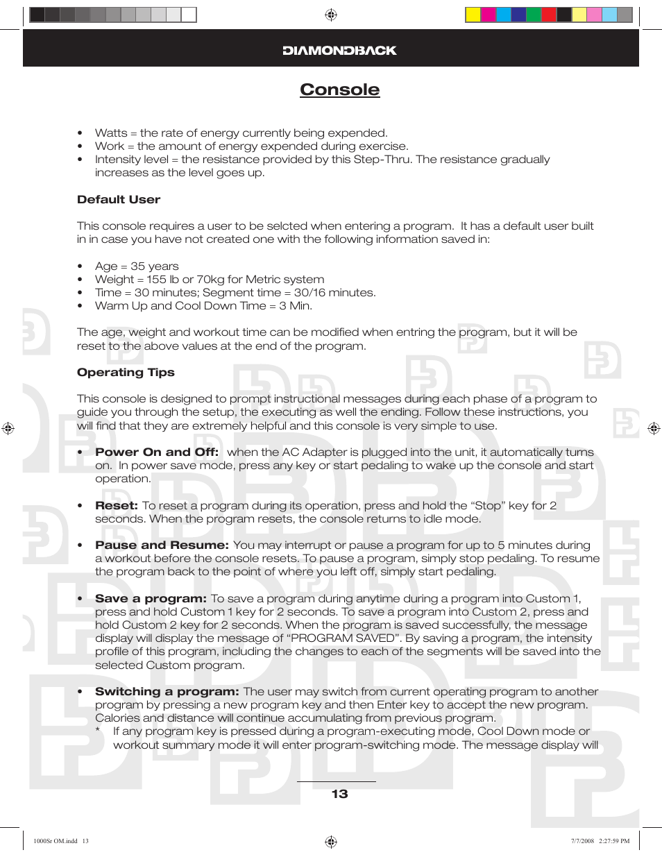 Console | Diamondback Fitness 1000Sr User Manual | Page 12 / 42