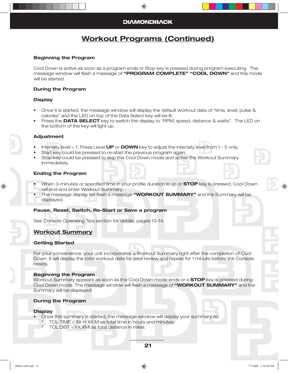 Workout programs (continued) | Diamondback Fitness 1000Sr User Manual | Page 20 / 42