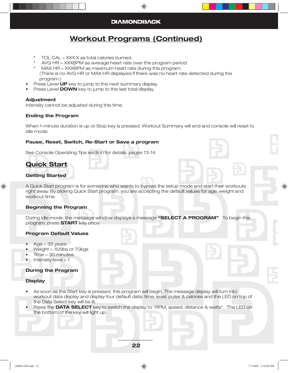 Workout programs (continued), Quick start | Diamondback Fitness 1000Sr User Manual | Page 21 / 42