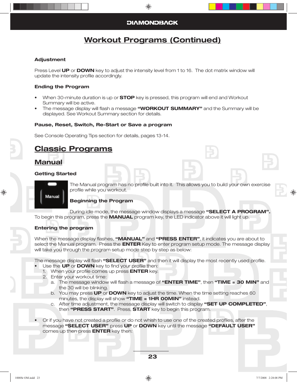 Workout programs (continued), Classic programs, Manual | Diamondback Fitness 1000Sr User Manual | Page 22 / 42