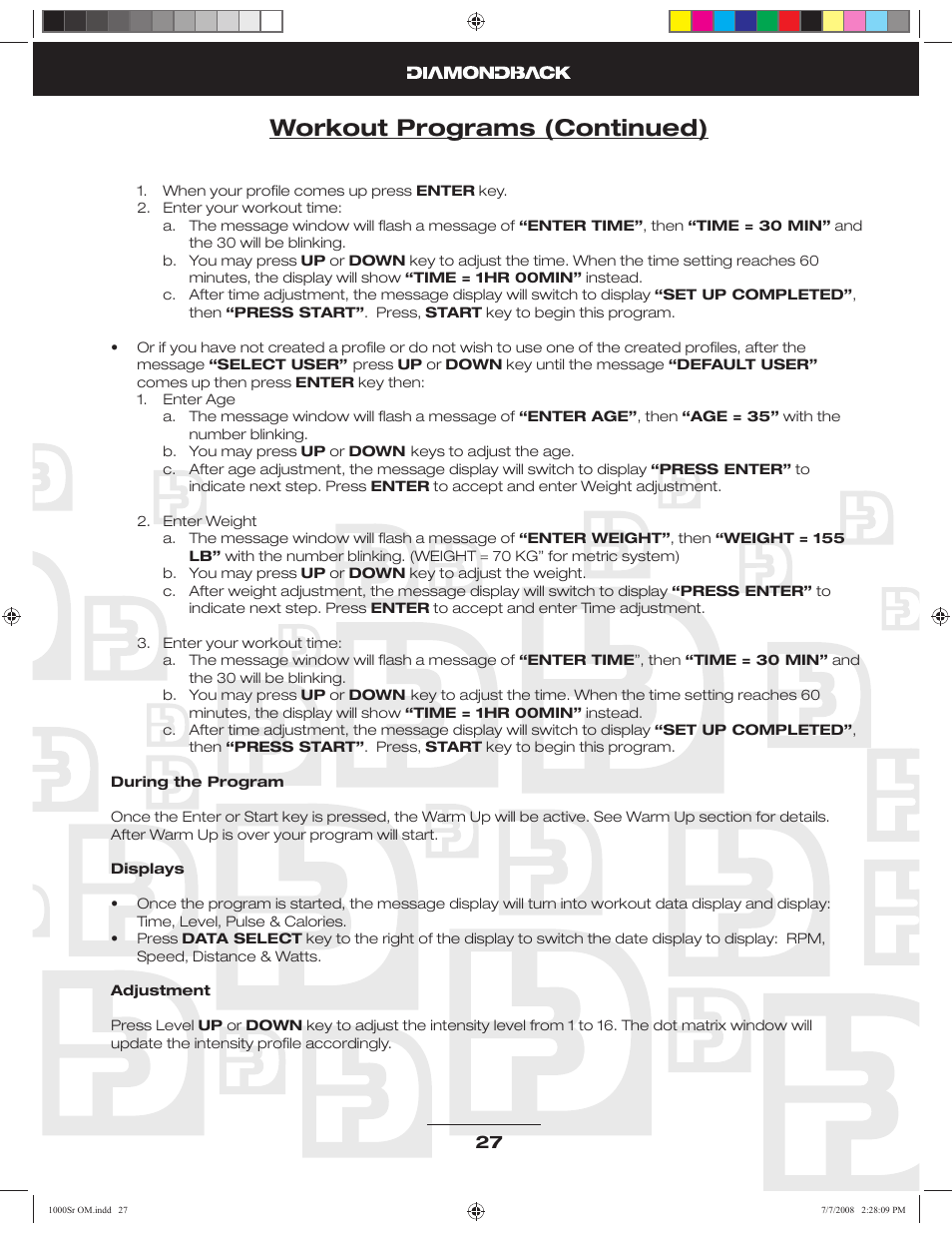 Workout programs (continued) | Diamondback Fitness 1000Sr User Manual | Page 26 / 42