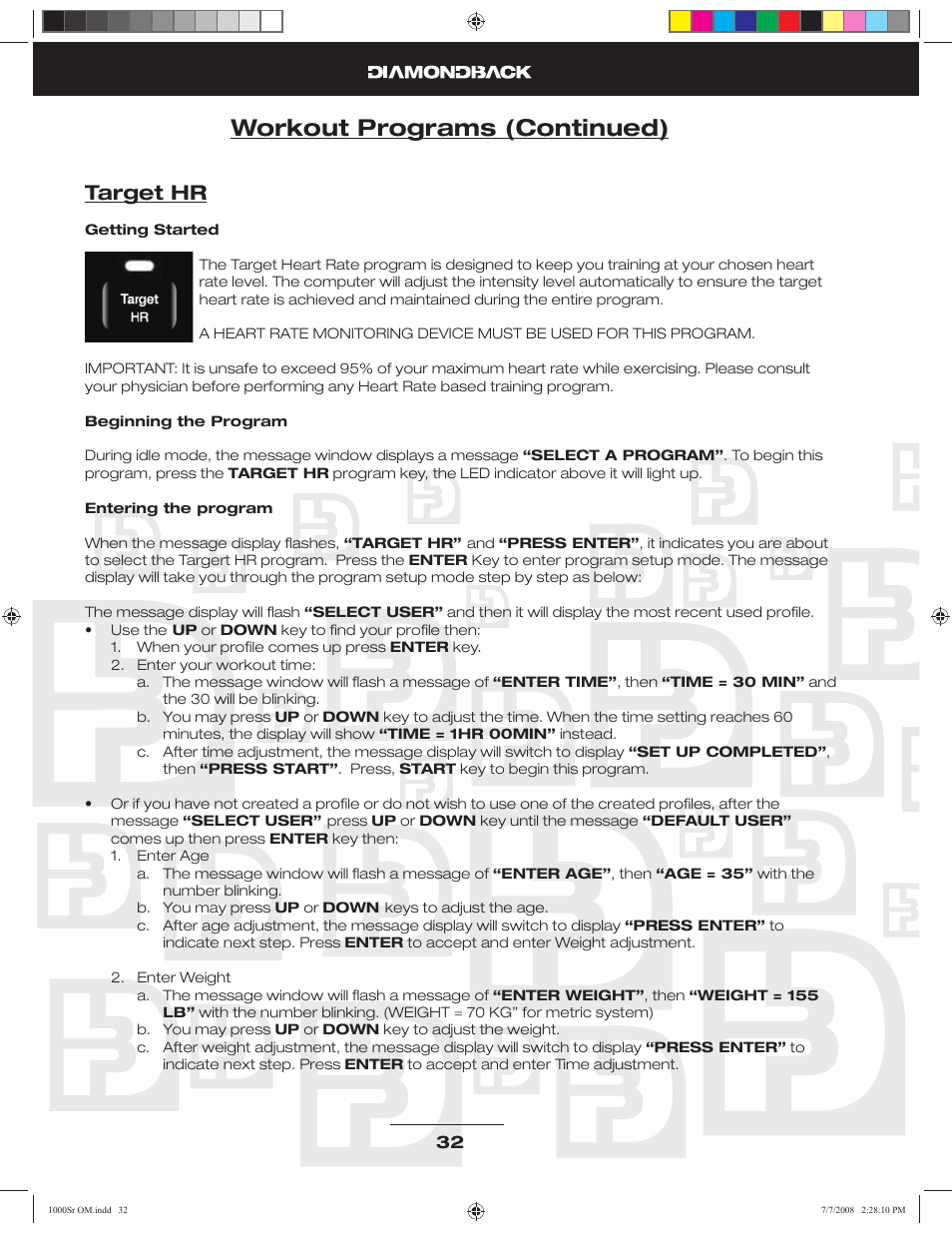 Workout programs (continued), Target hr | Diamondback Fitness 1000Sr User Manual | Page 31 / 42