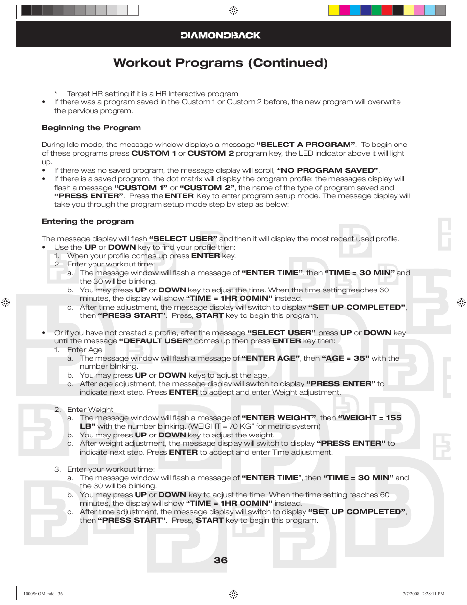 Workout programs (continued) | Diamondback Fitness 1000Sr User Manual | Page 35 / 42