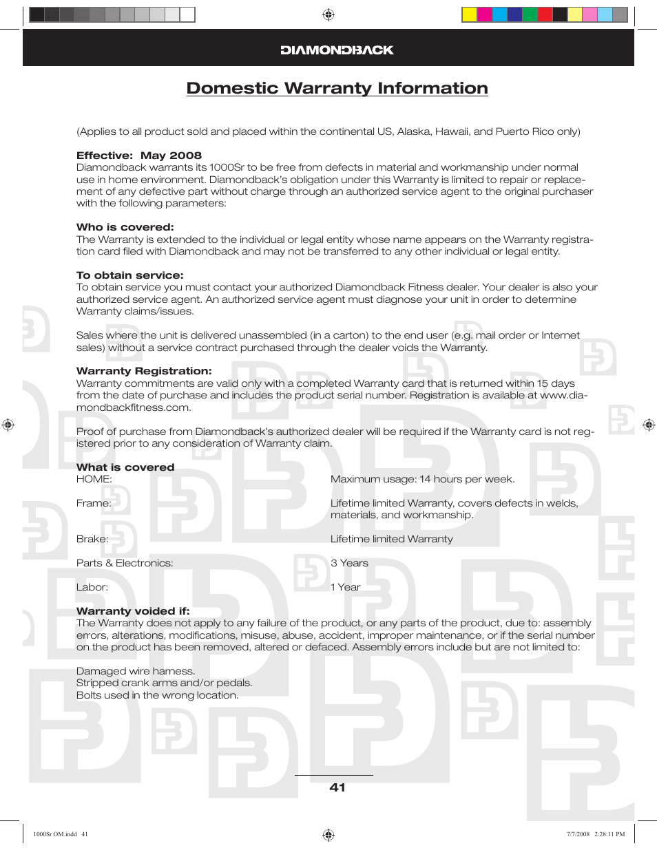 Domestic warranty information | Diamondback Fitness 1000Sr User Manual | Page 40 / 42