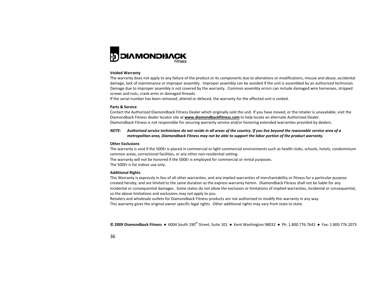 Diamondback 500ER User Manual | Page 36 / 40