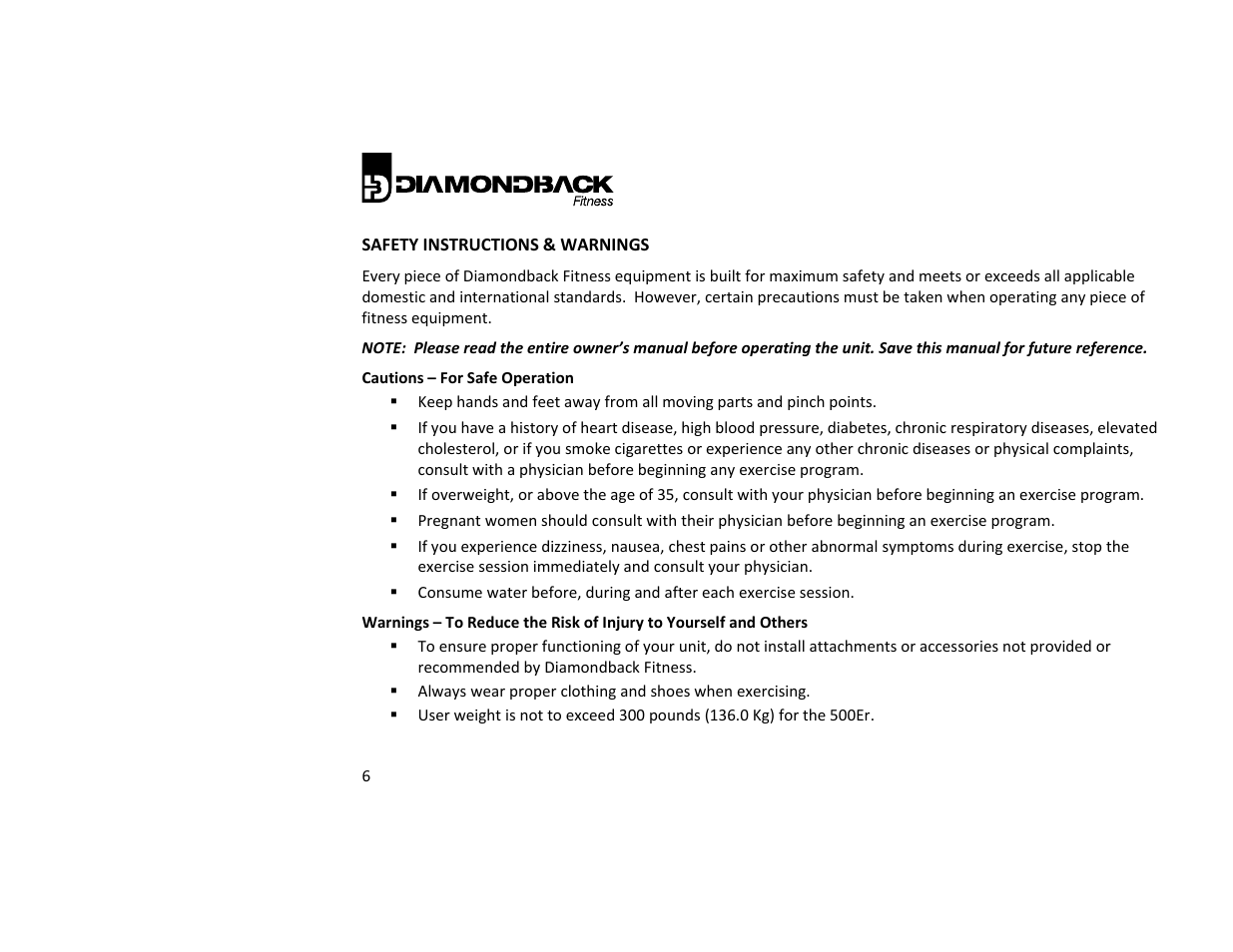 Diamondback 500ER User Manual | Page 5 / 40