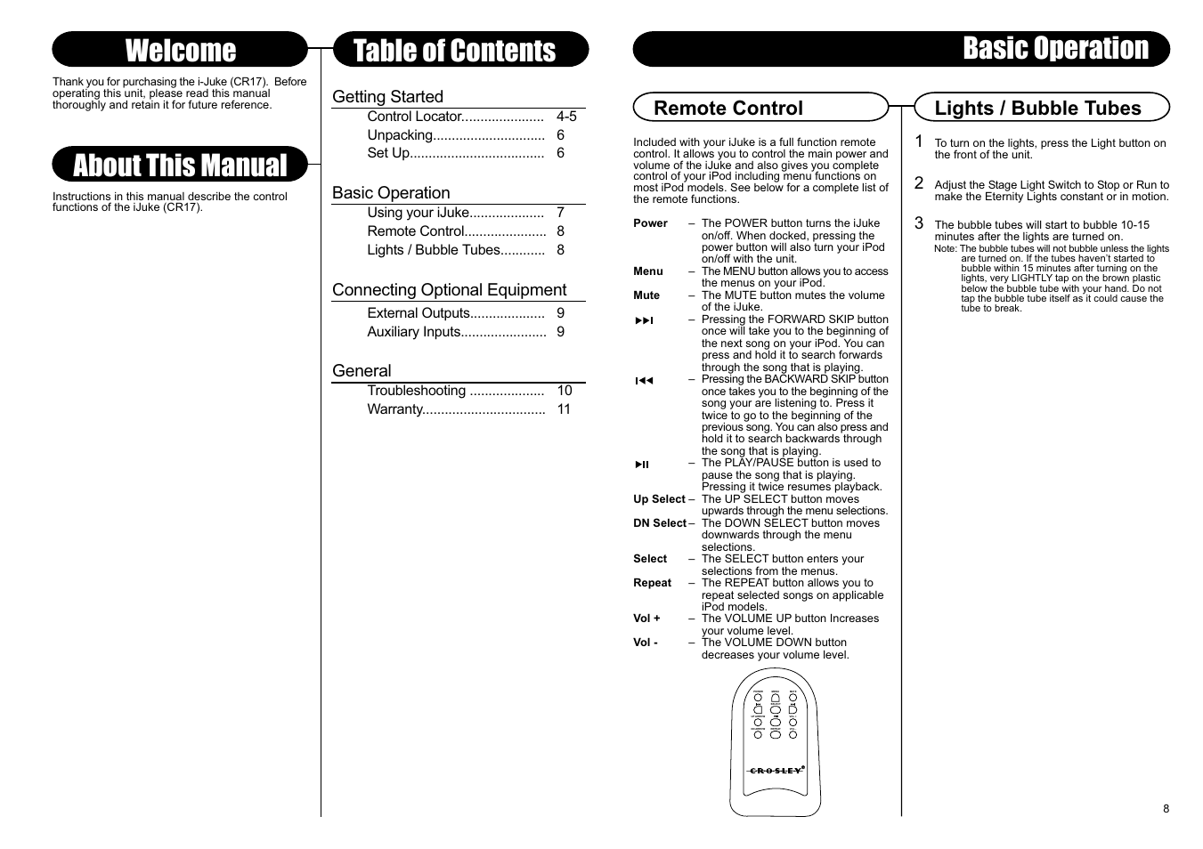 About this manual welcome table of contents, Basic operation, Lights / bubble tubes remote control | Crosley Radio Crosley iJuke CR17 User Manual | Page 4 / 6