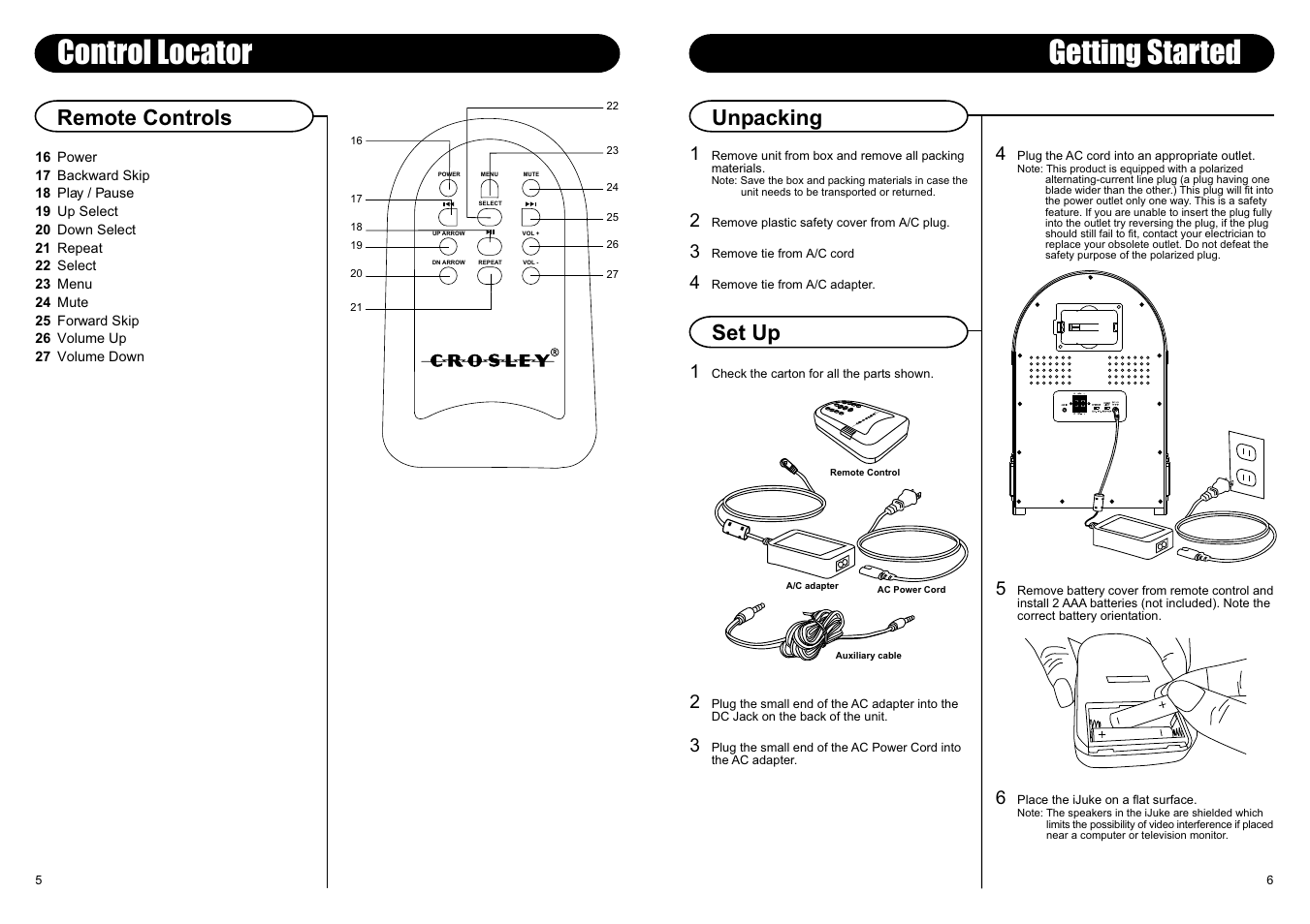 Getting started, Control locator, Unpacking set up remote controls | Crosley Radio Crosley iJuke CR17 User Manual | Page 6 / 6