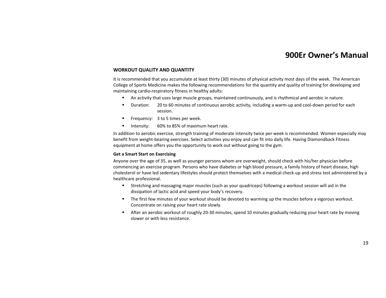900er owner’s manual | Diamondback Fitness 900Er User Manual | Page 19 / 52