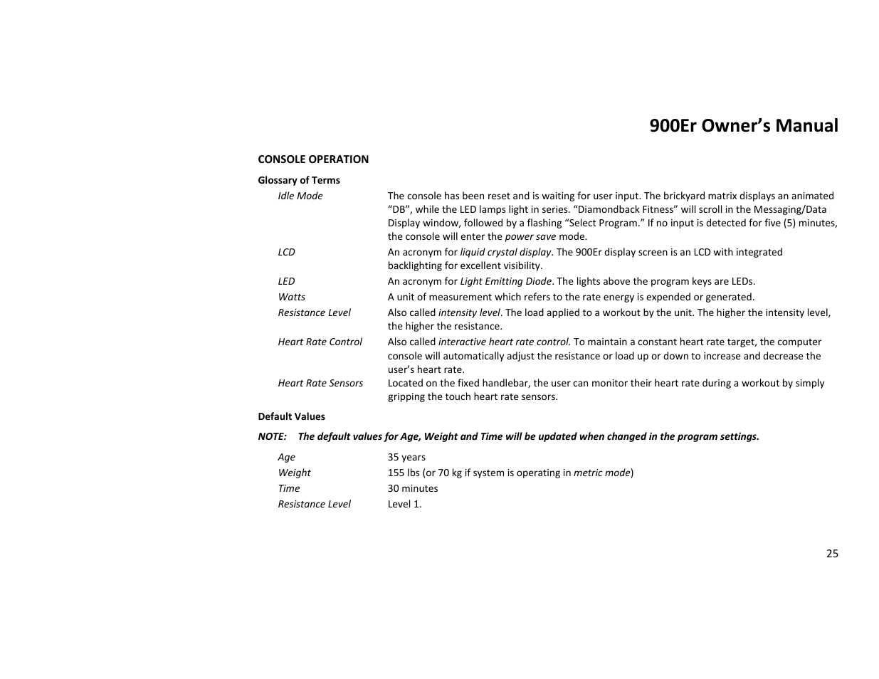900er owner’s manual | Diamondback Fitness 900Er User Manual | Page 25 / 52