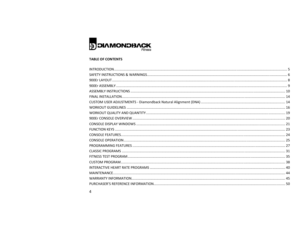 Diamondback Fitness 900Er User Manual | Page 4 / 52