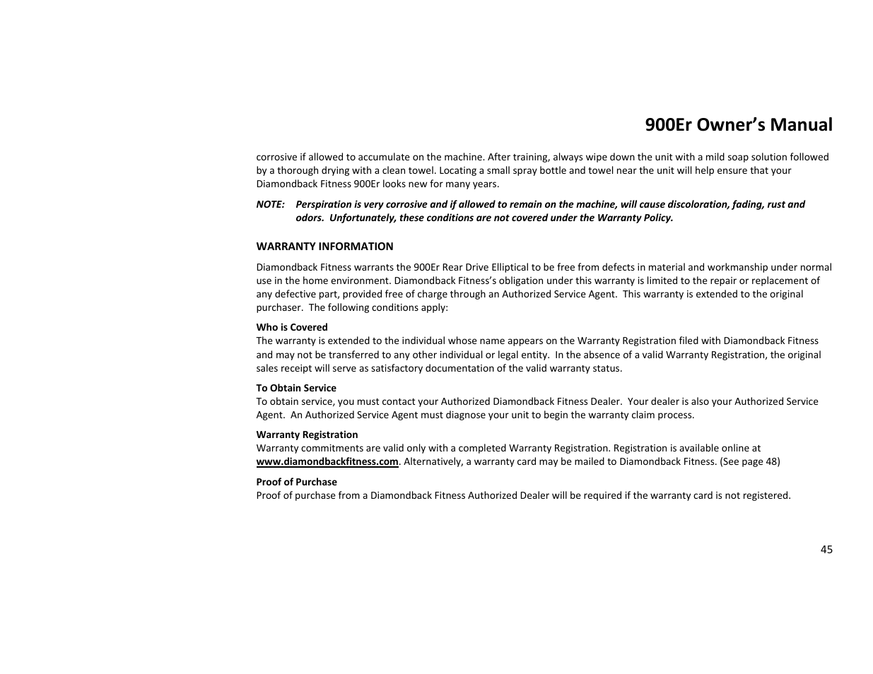 900er owner’s manual | Diamondback Fitness 900Er User Manual | Page 45 / 52