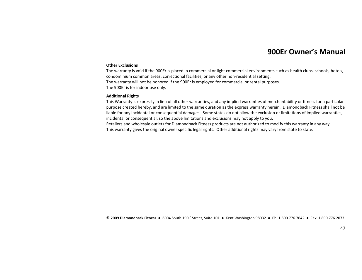 900er owner’s manual | Diamondback Fitness 900Er User Manual | Page 47 / 52